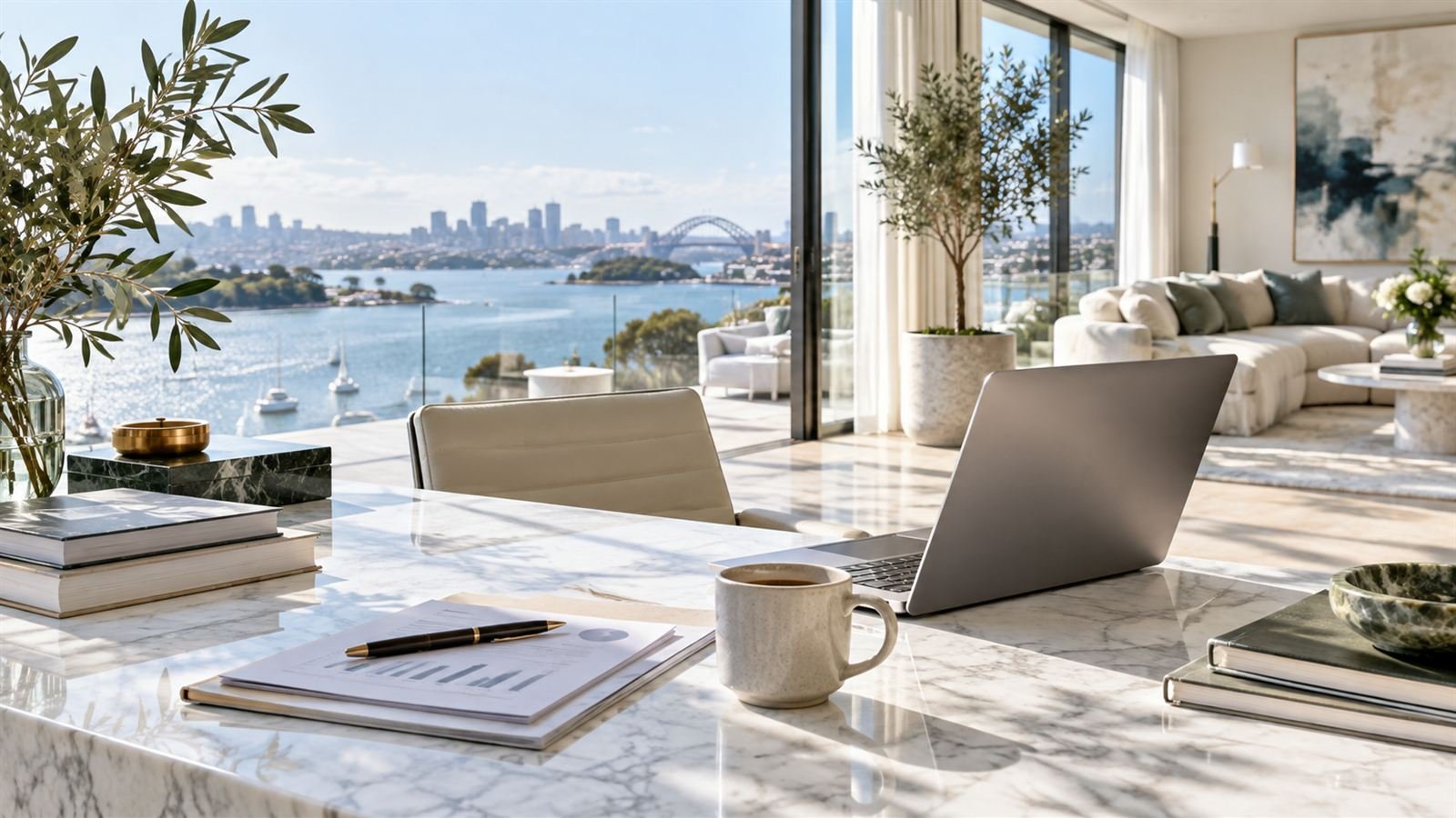 A desk with a laptop, notebook, and coffee in front of a window overlooking a harbor skyline