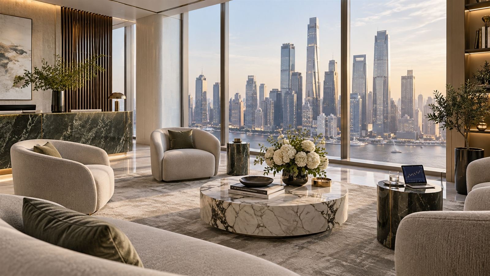 A quiet lounge with armchairs and a marble table in front of a city skyline at dusk