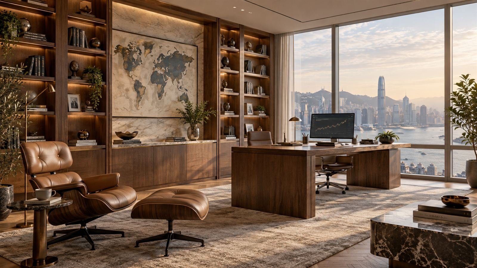 A study with bookshelves, a wall map, and a desk facing a harbor skyline