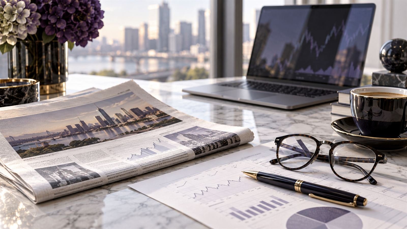 A financial newspaper, reading glasses, and printed charts beside a laptop on a desk