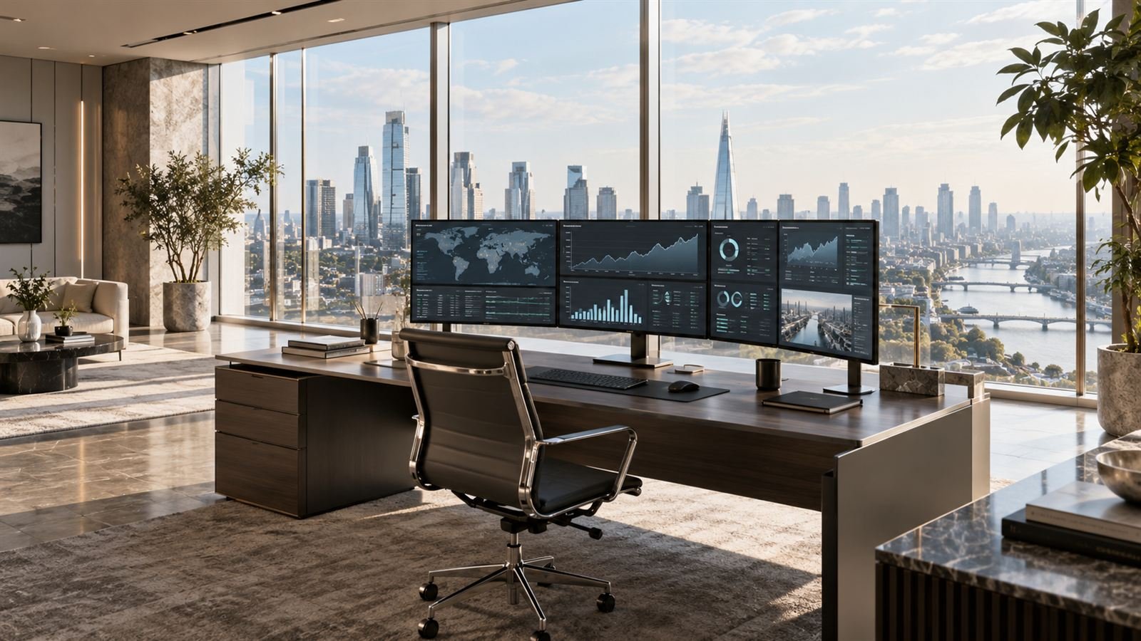 A desk with four market monitors in an office overlooking a city and river