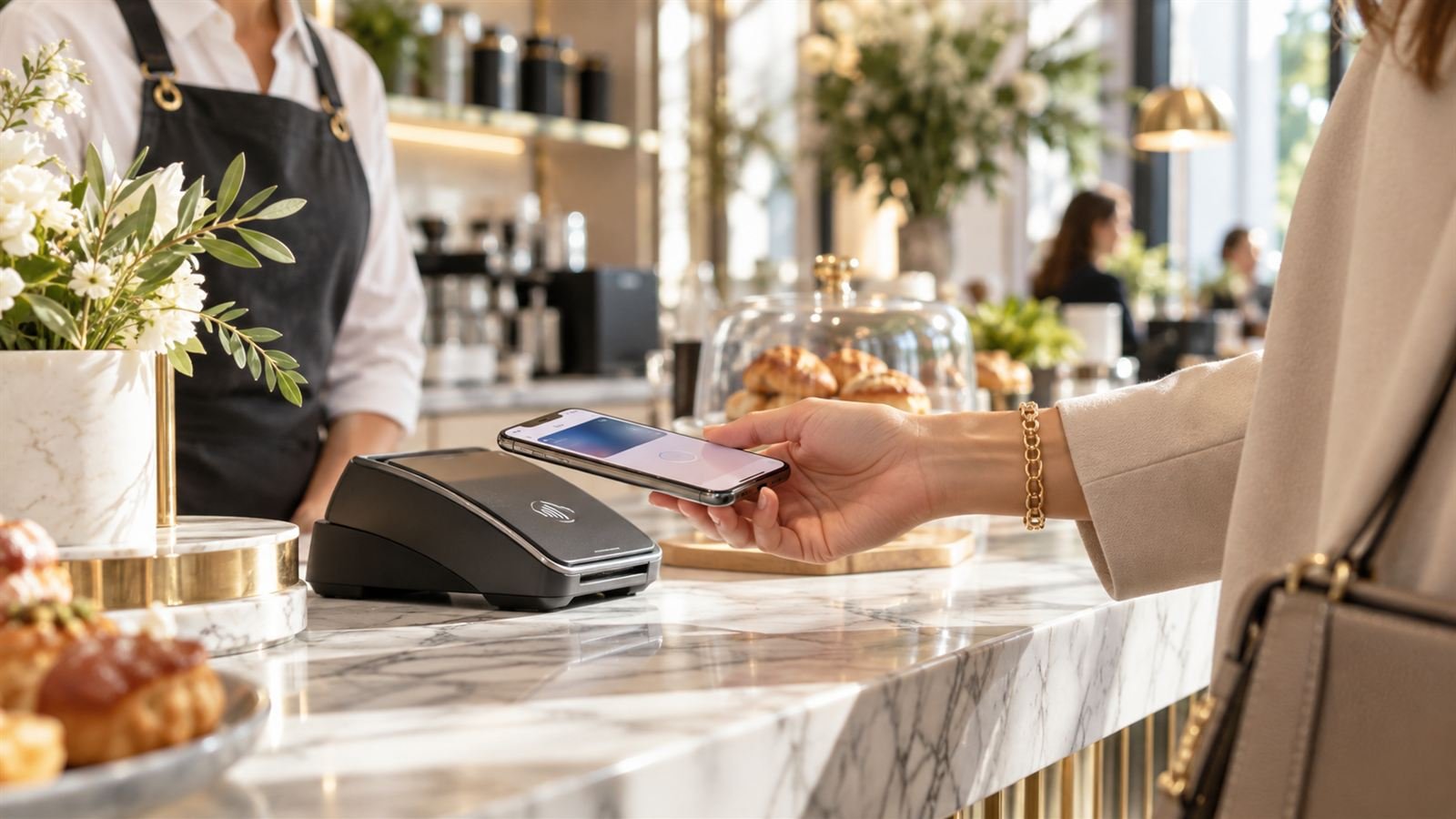 A customer holding a phone over a payment terminal on a cafe counter
