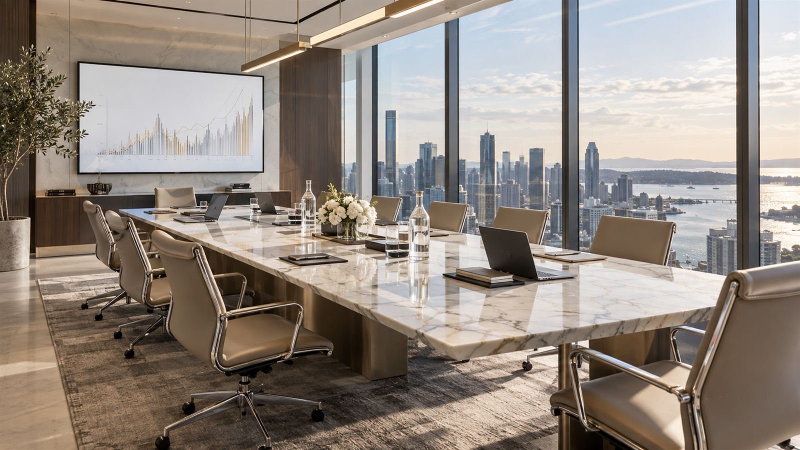 An empty boardroom with a wall screen showing a chart and a city skyline beyond the windows