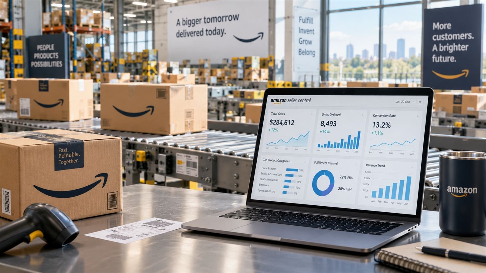 A laptop showing a sample seller dashboard on a packing table in an Amazon fulfilment center