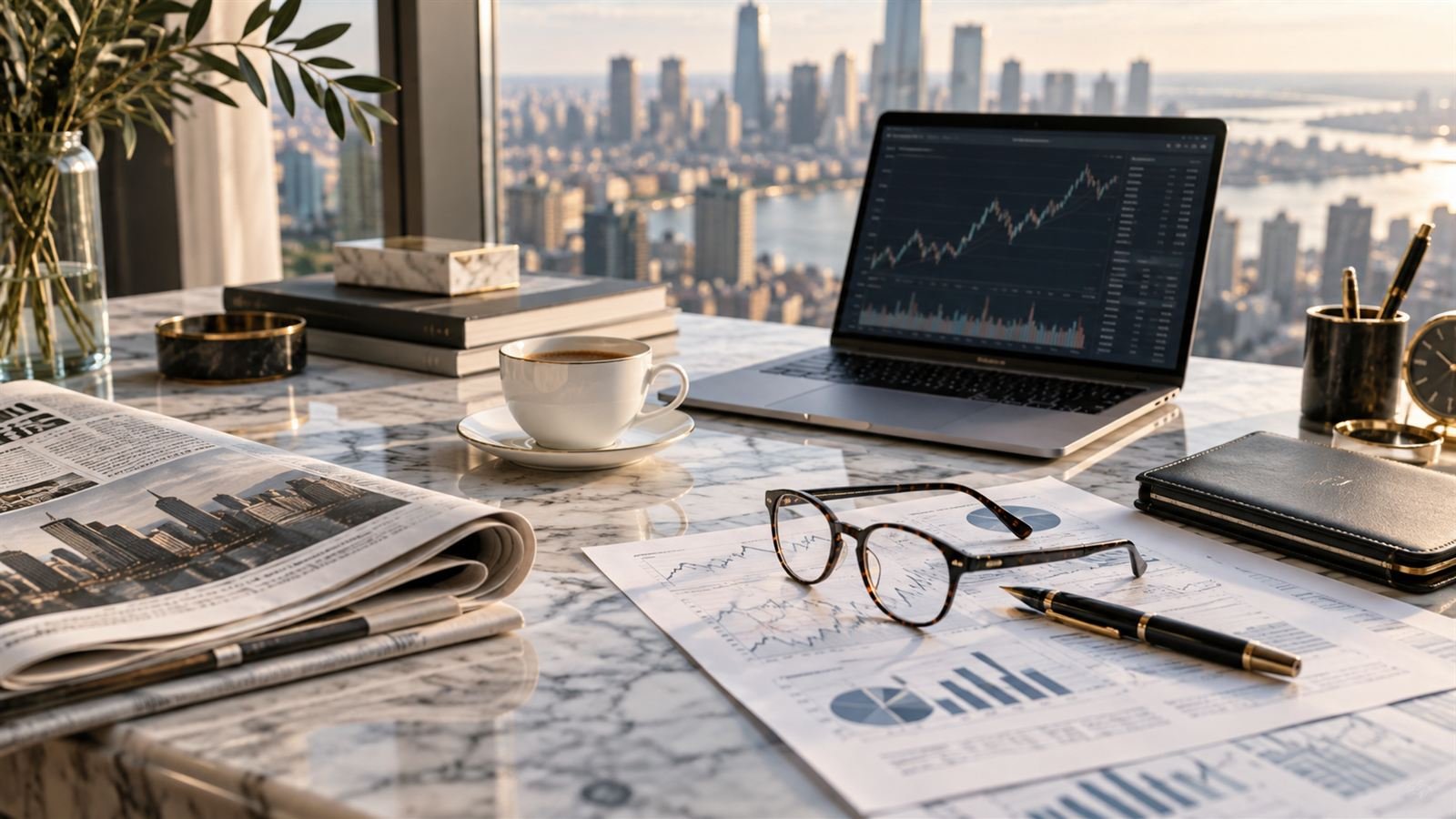 A laptop showing a price chart beside a newspaper, printed reports, and reading glasses on a marble desk