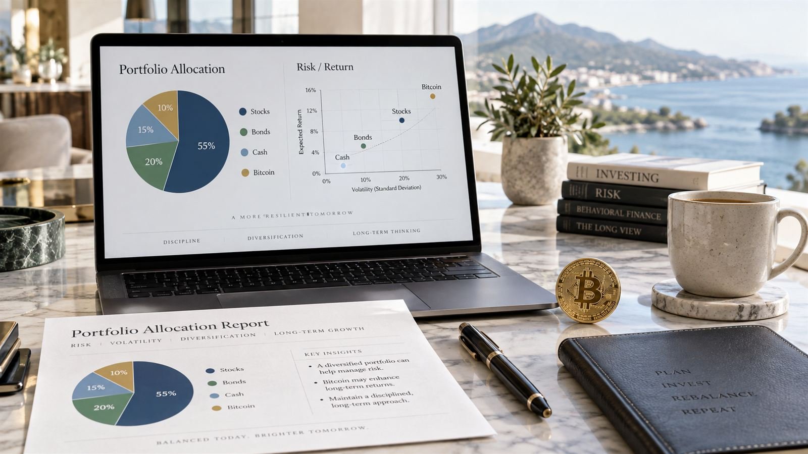 A laptop and printed report showing a sample portfolio allocation pie chart, with a gold coin beside them