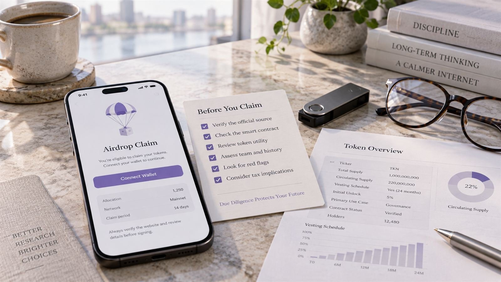 A phone showing an airdrop claim screen beside a printed checklist titled Before You Claim, a hardware wallet, and a sample token overview