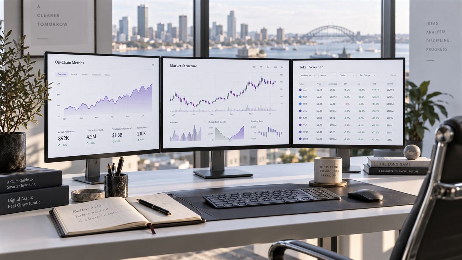 Three monitors showing sample on-chain metrics, market structure, and token screener dashboards on a desk