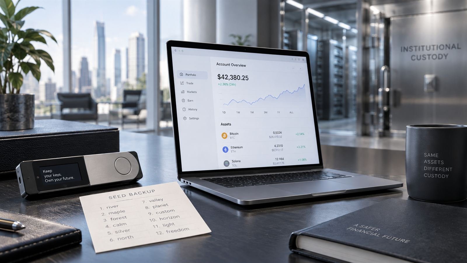 A hardware wallet and a handwritten seed backup card beside a laptop showing a sample account overview