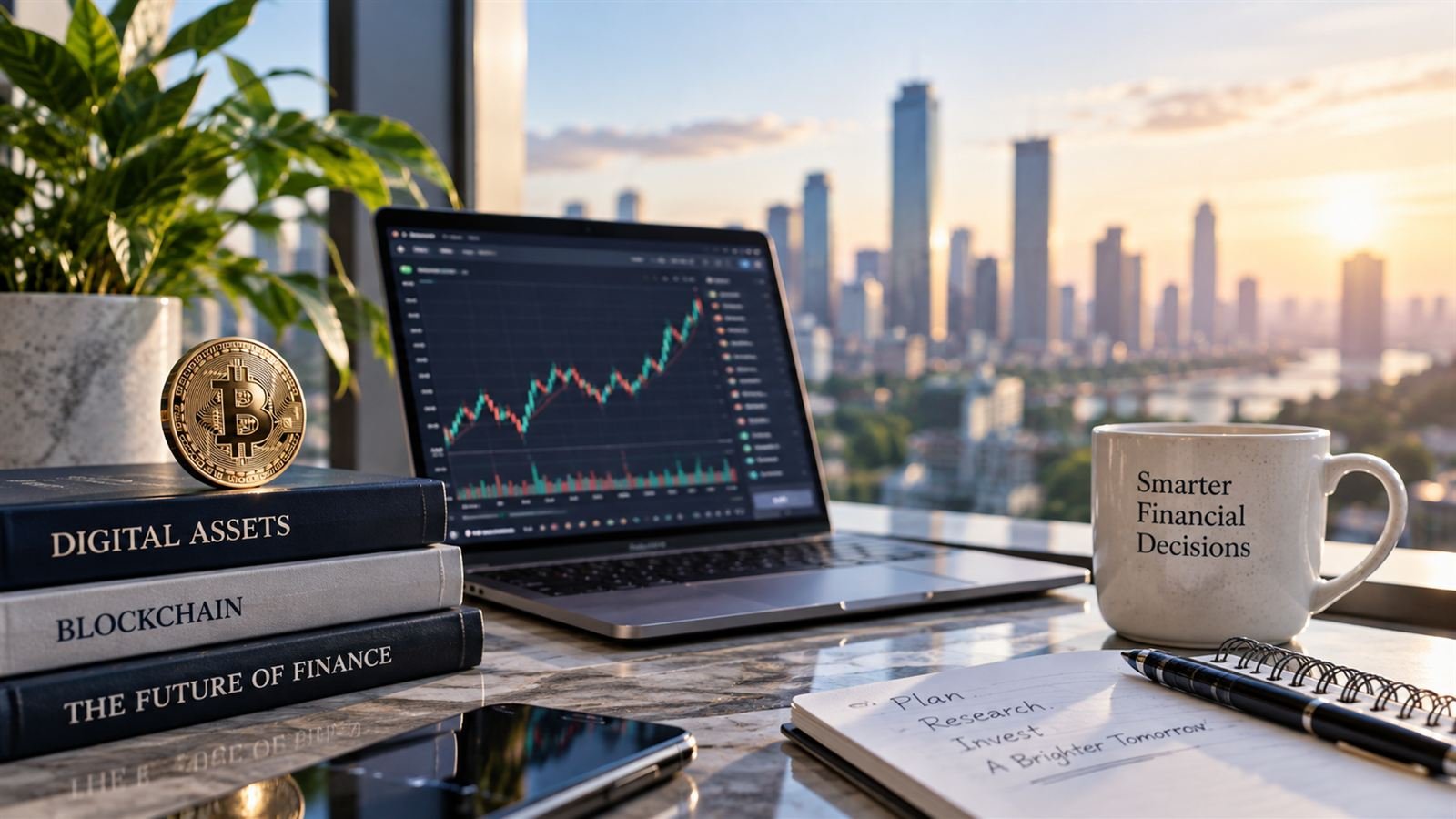 A laptop showing a market chart beside a gold coin and a stack of finance books, with a city skyline at sunrise