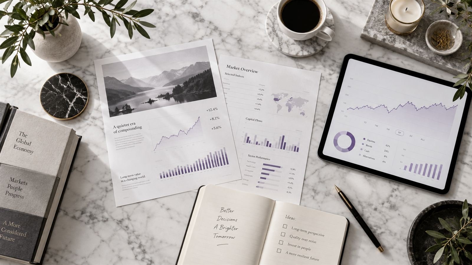 Printed research reports, a notebook, and a tablet with charts laid out on a marble desk