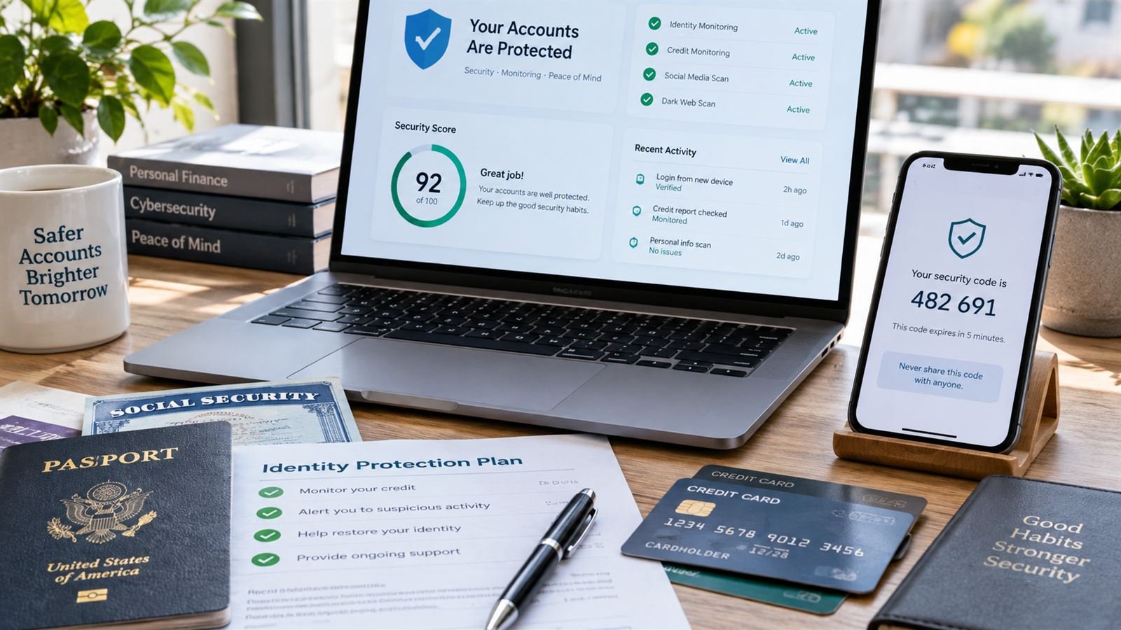 A laptop and phone showing sample account security screens beside a passport, a card, and an identity protection checklist