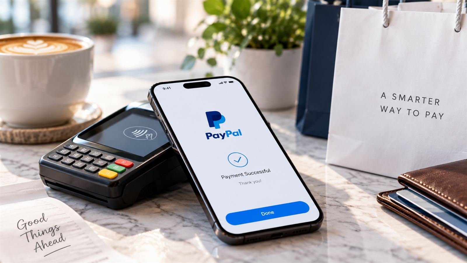 A phone showing a completed PayPal payment beside a card terminal on a cafe counter