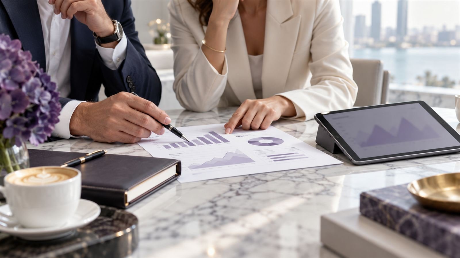 Two people reviewing printed financial charts at a desk with a tablet and coffee